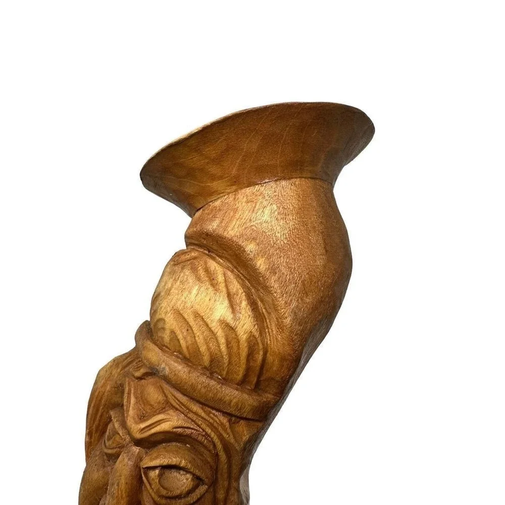 Hand Carved Wood Spirit Wizard Candlestick Holder Folk Art Whimsical Bearded Man